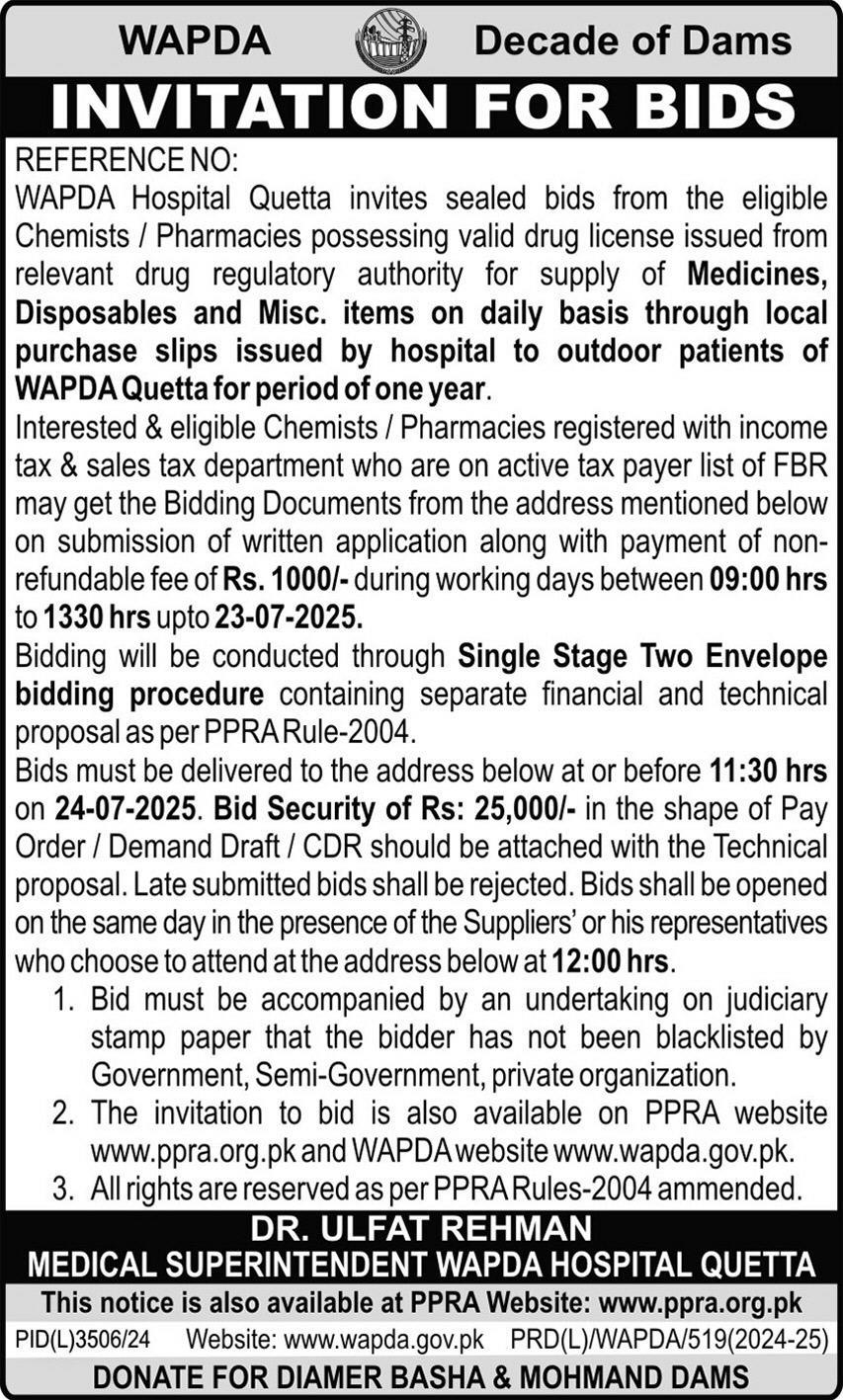 WAPDA Quetta Tender Notice
